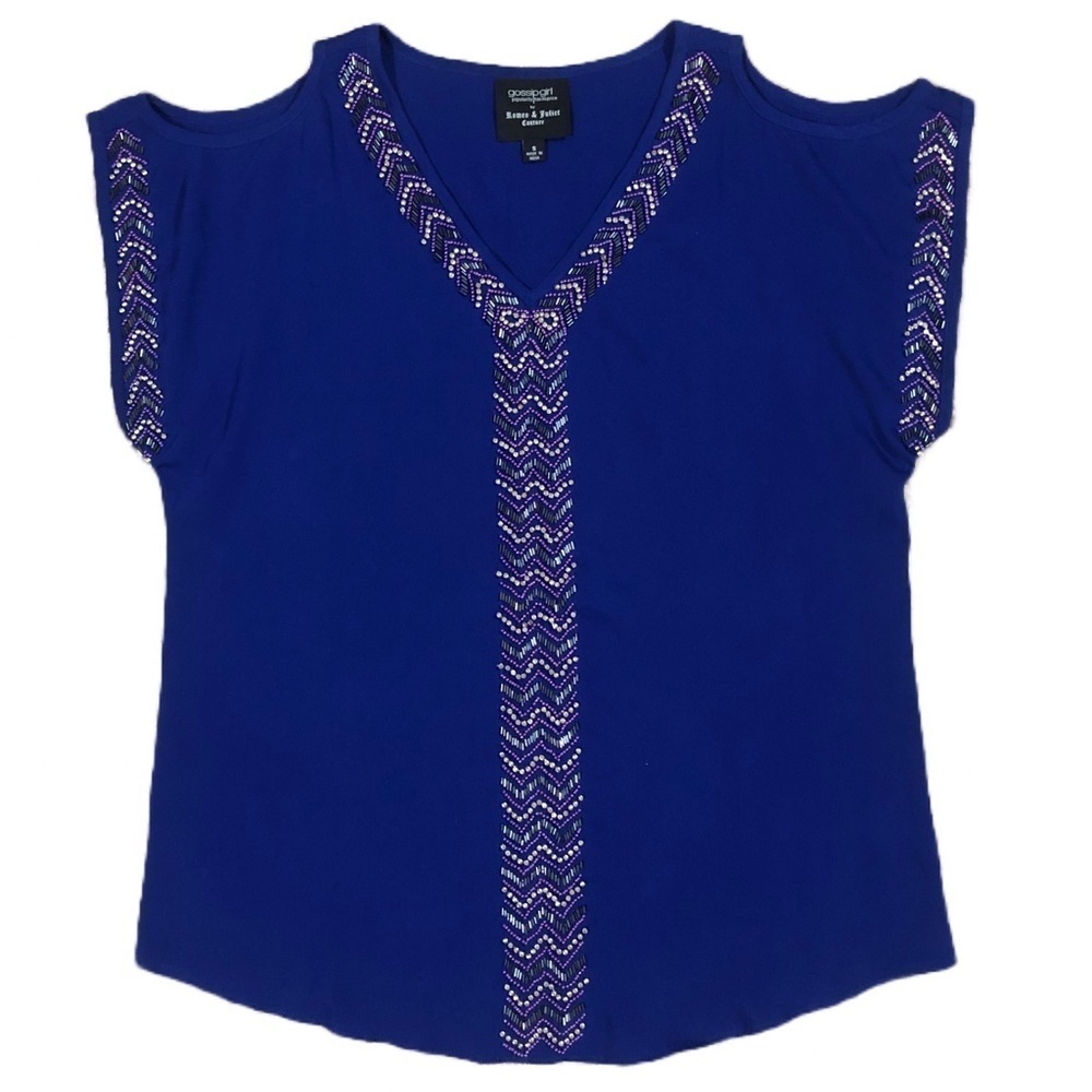 Romeo & Juliet Couture Gossip Girl Beaded Blue Cold Shoulder Top Small